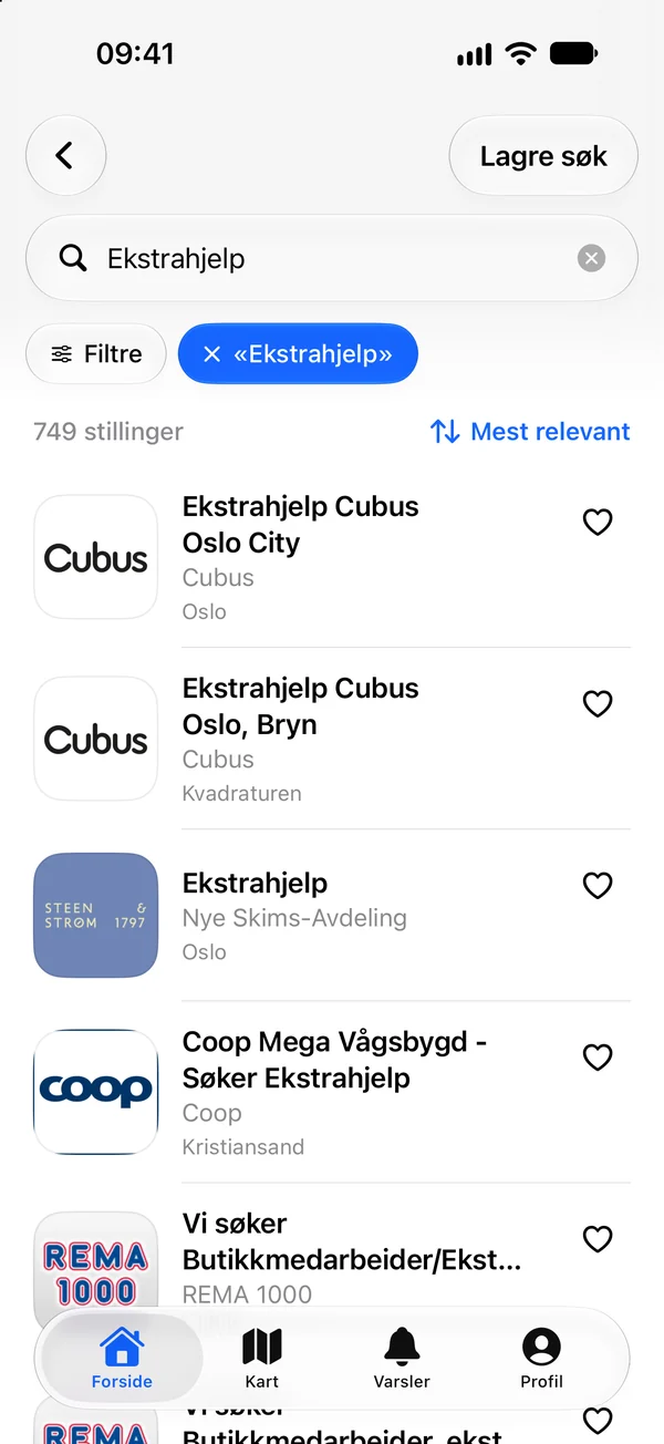 Søk i appen med filtre og jobbliste